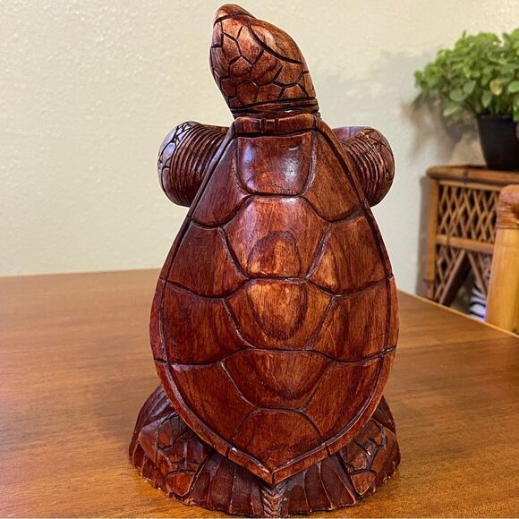 Hand Carved Wooden Turtle Wine Bottle Holder - Picture 4 of 15